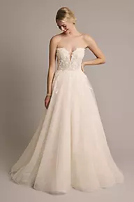 Oleg Cassini 3D Floral Plunging Strapless Tulle Ball Gown