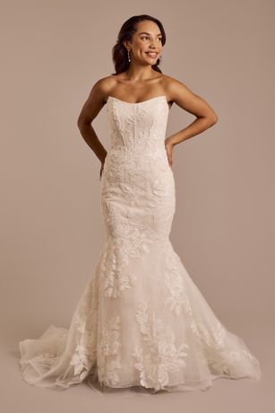 Oleg Cassini Floral Strapless Tulle Mermaid Wedding Dress