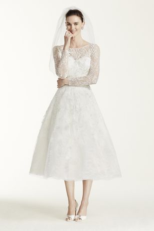 oleg cassini tea length wedding dress with lace