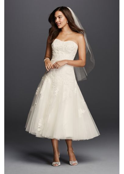 Oleg Cassini Tea Length Wedding Dress with Lace - Davids Bridal