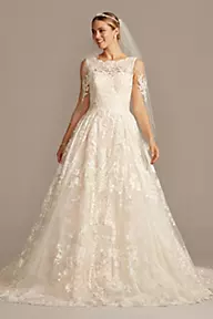 Oleg Cassini Beaded Lace Wedding Dress with Pleated Skirt