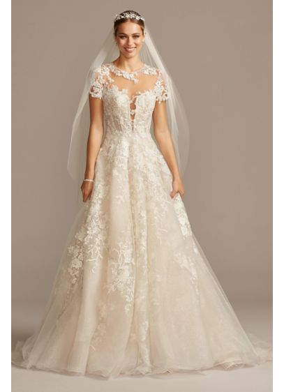 Lace Illusion Cap Sleeve Ball Gown Wedding Dress David S Bridal