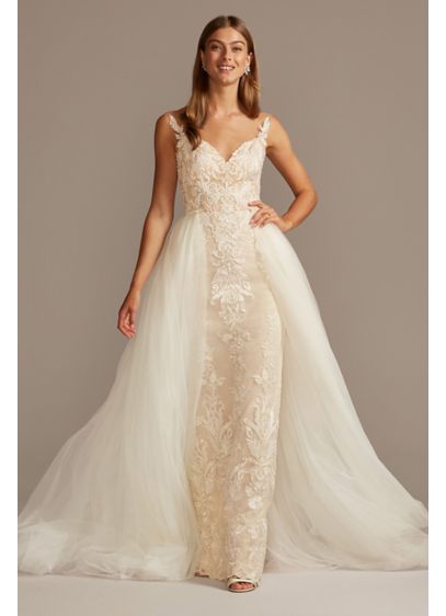 Lace Sheath Wedding Dress with Tulle Overskirt - Show-stopping elegance is yours with this allover lace
