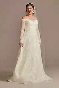 Oleg Cassini Leafy Applique Lace Off the Shoulder Wedding Dress