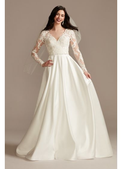 Classic Satin A Line Wedding Dresses Lace Long Sleeve Appliques Bridal Gowns 