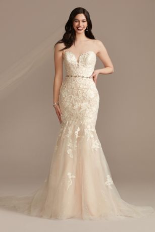 Oleg Cassini Lace Applique Mermaid Strapless Wedding Dress in Solid White Size: 14 David's Bridal