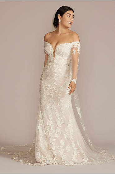 Off the Shoulder Lace Sleeve Trumpet Wedding Gown