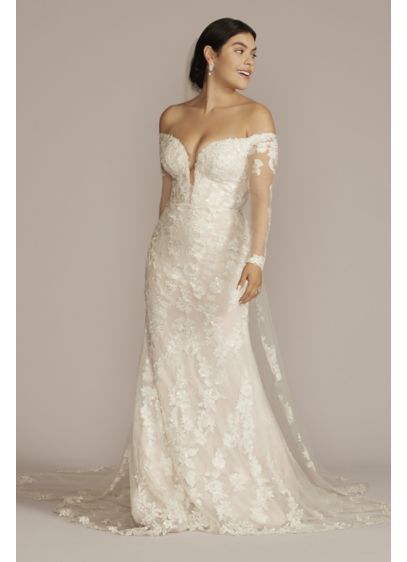 Off the Shoulder Lace Sleeve Trumpet Wedding Gown - Make a breathtaking entrance and unforgettable exit in