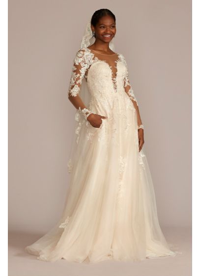 Illusion Button Back Lace Applique Wedding Gown - Dive head first into your elegant wedding dreams