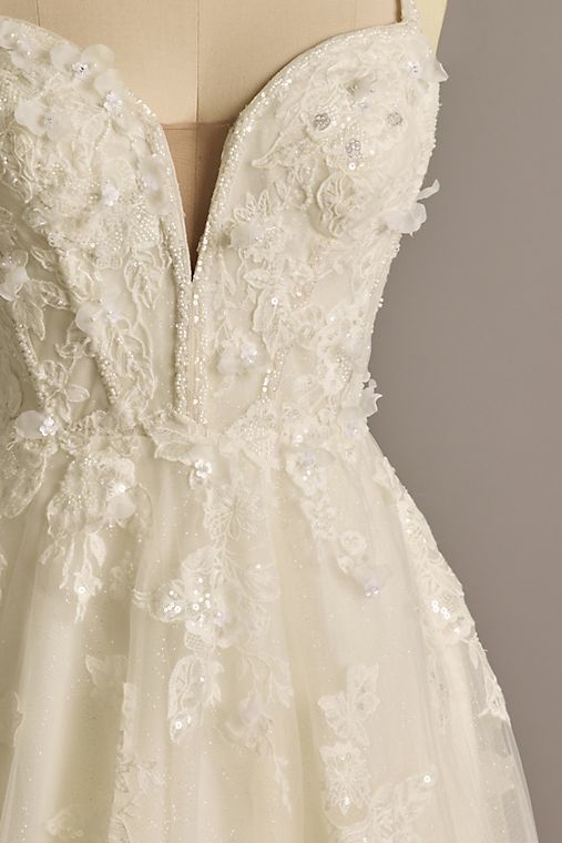 Oleg Cassini Glitter Tulle Appliqued Corset Bodice Wedding Gown