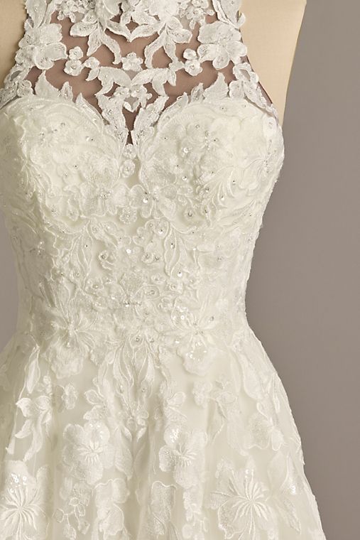 Oleg Cassini High Neck Lace Applique Tulle Wedding Dress