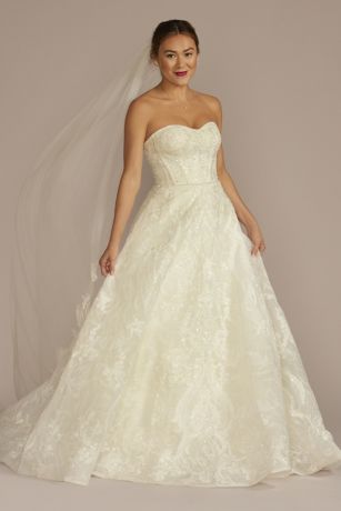 Oleg Cassini Strapless Beaded Lace Ball Gown Wedding Dress in Ivory Size: 10 David's Bridal