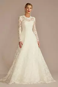 Oleg Cassini Allover Lace Long Sleeve Mock Neck Wedding Dress