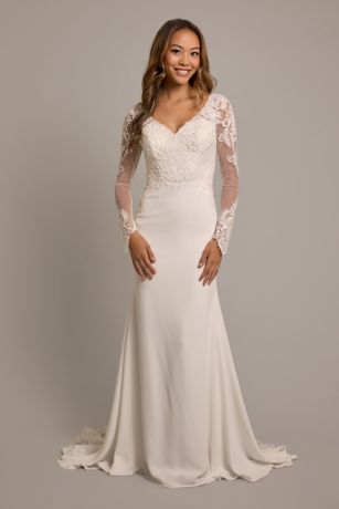 Picture of Long Sleeve Crepe Sheath Dress with Lace Appliques
