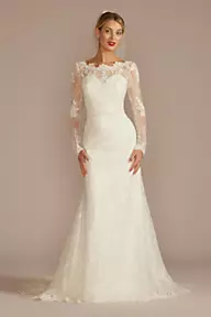 Oleg Cassini Beaded Lace Long Sleeve Sheath Wedding Dress
