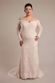 Oleg Cassini Long Sleeve Lace Mermaid Wedding Dress