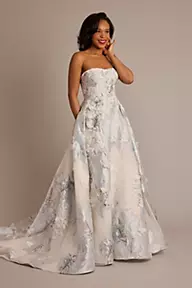 Oleg Cassini Brocade Strapless Ball Gown Wedding Dress