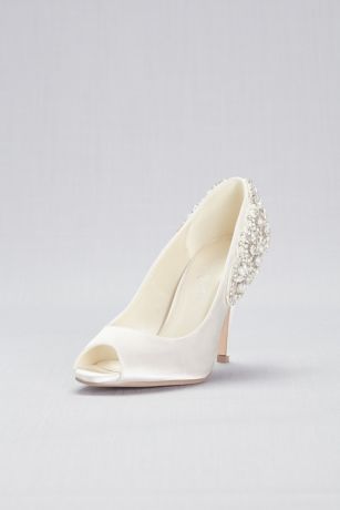 Womens Ivory satin lace bow open toe platform heels Bridal wedding shoes crystal 