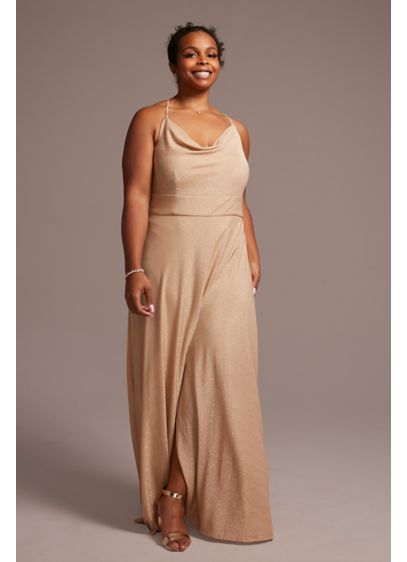 Metallic Cowl Neck Dress with Lace-Up Back - A timeless silhouette gets a hint of modern