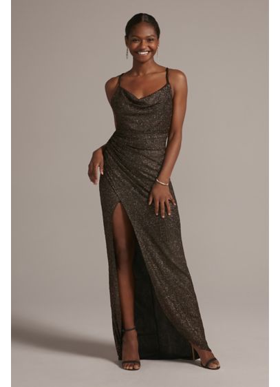 Cowl Neck Metallic Glitter Knit Dress with Slit - Have your main character moment in this metallic
