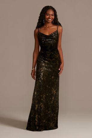 Picture of Floor Length Velvet Cowl Neck Sheath Dress