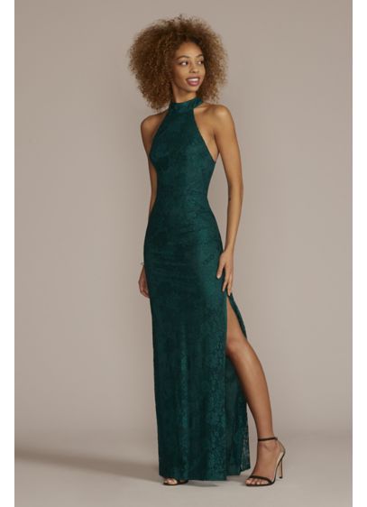 Allover Lace Halter Gown with Slit - Show off your figure in this halter sheath