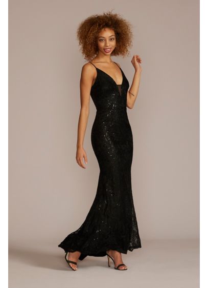 Illusion Deep-V Sparkle Lace Sheath Gown - It's not a party until someone arrives in