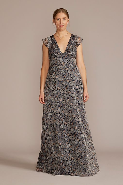 DB Studio Plunging Printed Chiffon Gown with Ruffles