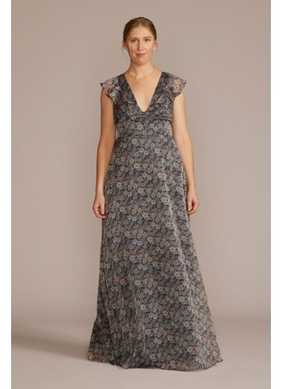 Plunging Printed Chiffon Gown with Ruffles - A daring deep V-neckline is met with a