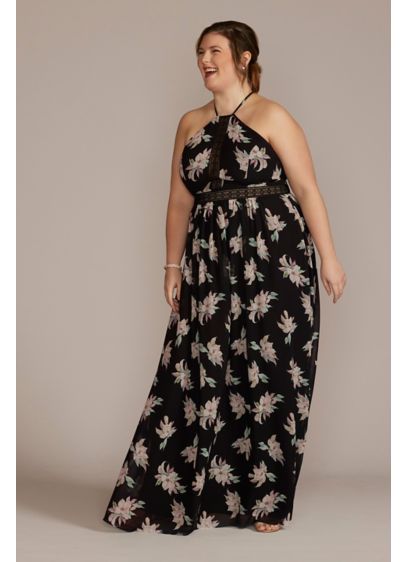 Plus Size Chiffon Halter Dress with Illusion - A floral print and halter neck have never