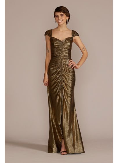 Floor Length Cap Sleeve Ruched Gown with Slit - Intricate ruching covers the front of this metallic