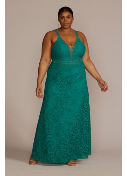 Plus Size Allover Lace Illusion Plunge Gown - Sleek, sexy, and stunning, this plus size formal
