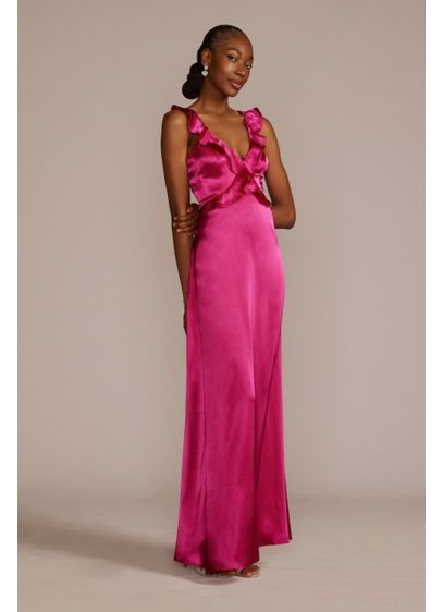 Floor Length Ruffle Charmeuse Gown - Crafted of silky charmeuse, this romantic dress is