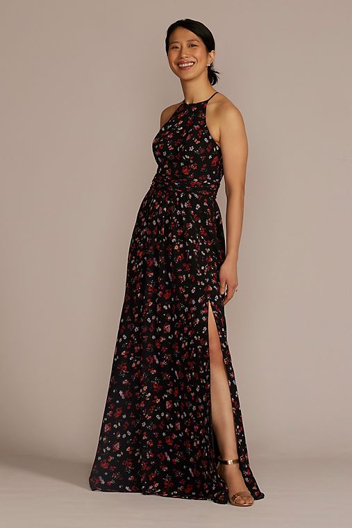 DB Studio Floral Print Halter A-Line Dress with Slit