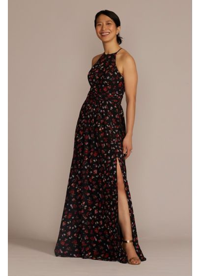Floral Print Halter A-Line Dress with Slit - What's a spring or summer event without a