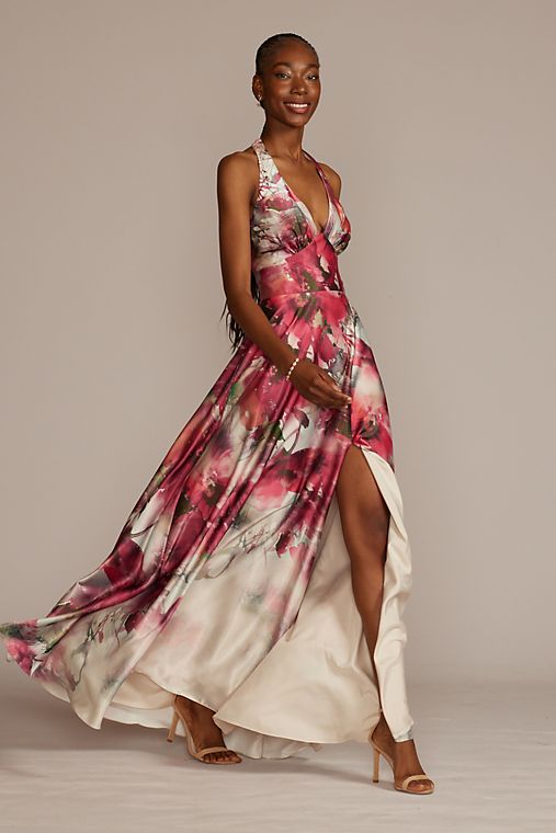 DB Studio Floor Length Floral Print Halter Dress with Slit