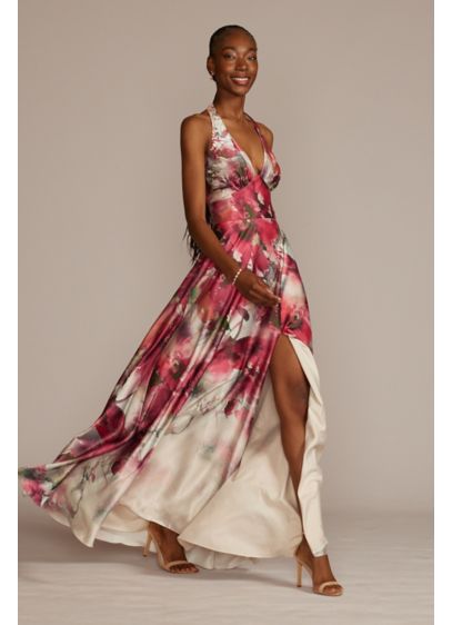 Floor Length Floral Print Halter Dress with Slit - Feminine florals bloom atop this formal gown, creating