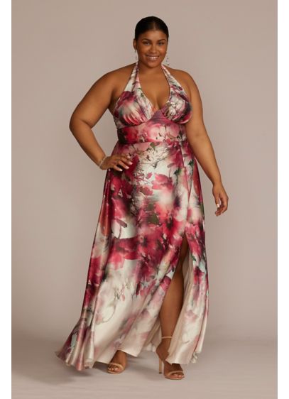 Plus Size Long Floral Print Halter Dress with - Feminine florals bloom atop this plus size formal