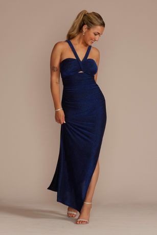 Picture of Metallic Halter Sheath Dress with Bodice Cutout