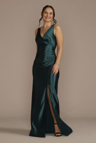 Notch Neck Textured Satin Sheath Dress with Slit