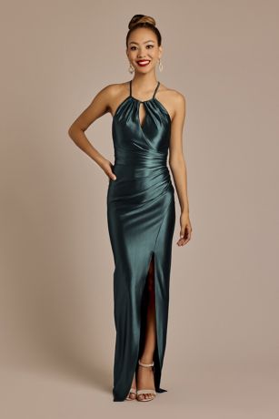 Notch Neck Textured Satin Sheath Dress with Slit