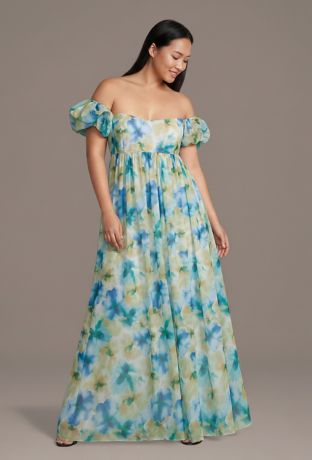 Picture of Blurred Floral Chiffon Puff Sleeve Dress