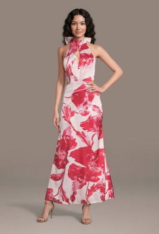 Picture of Matte Satin Print Halter Dress with Cutouts