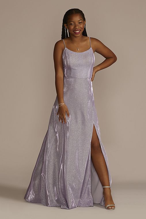 Jules and Cleo Spaghetti Strap Glitter Shine Gown with Slit