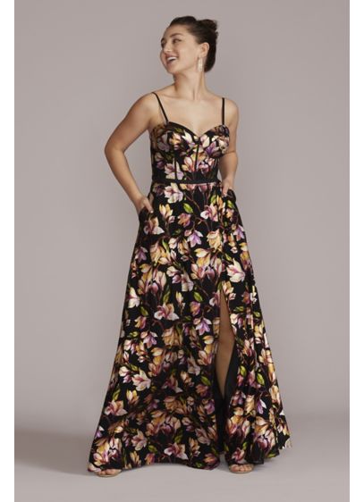 Corset Bodice Floral Patterned A-Line Dress - With a corset bodice and sexy skirt slit,