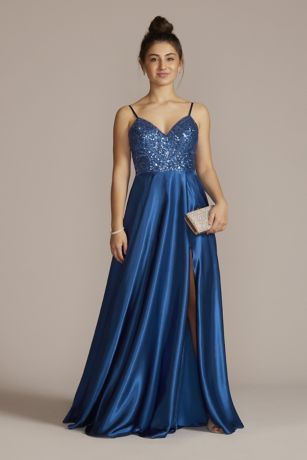 david's bridal navy blue prom dress Bridal Outlet Yellow Prom Dresses David's Bridal Navy Blue/Gold  Colette CL5105 Long Formal Fitted Prom Mermaid