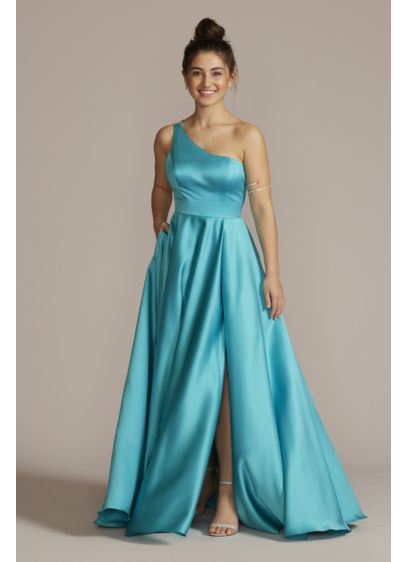 One-Shoulder Satin A-Line with Skirt Slit - Shine like a vision in this glossy, satin