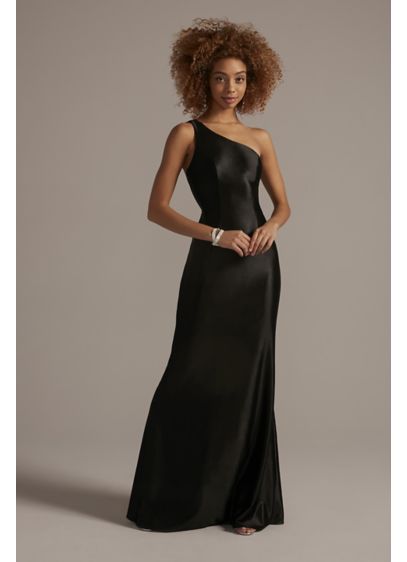 One-Shoulder Satin Sheath with Skirt Slit - Dripping in shiny satin and glam details, this