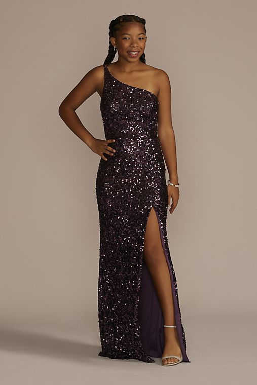 Jules and Cleo One-Shoulder Shimmer Sequin Floor Length Gown