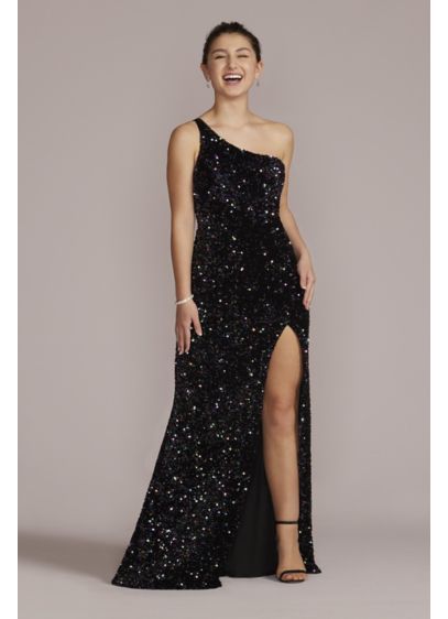One-Shoulder Shimmer Sequin Floor Length Gown - Designed with alluring details, this one-shoulder gown features